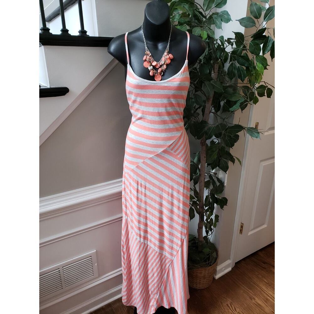 LC Lauren Conrad Women's White Orange Striped Spaghetti Strap Long Maxi Dress M